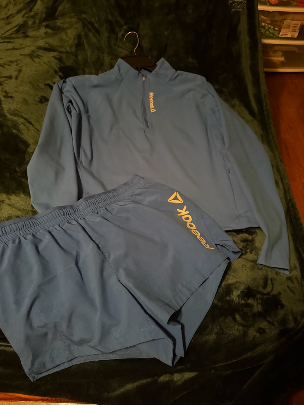 Reebok Light Blue Two-Piece Athletic Zip Pullover and Shorts Royal Blue Color